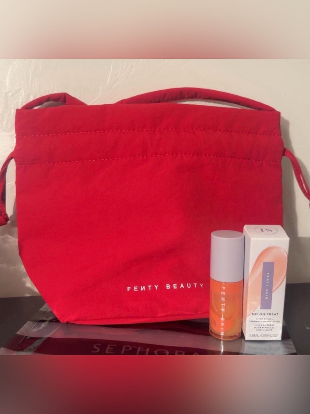 Fenty Beauty Red Drawstring Cosmetic Pouch